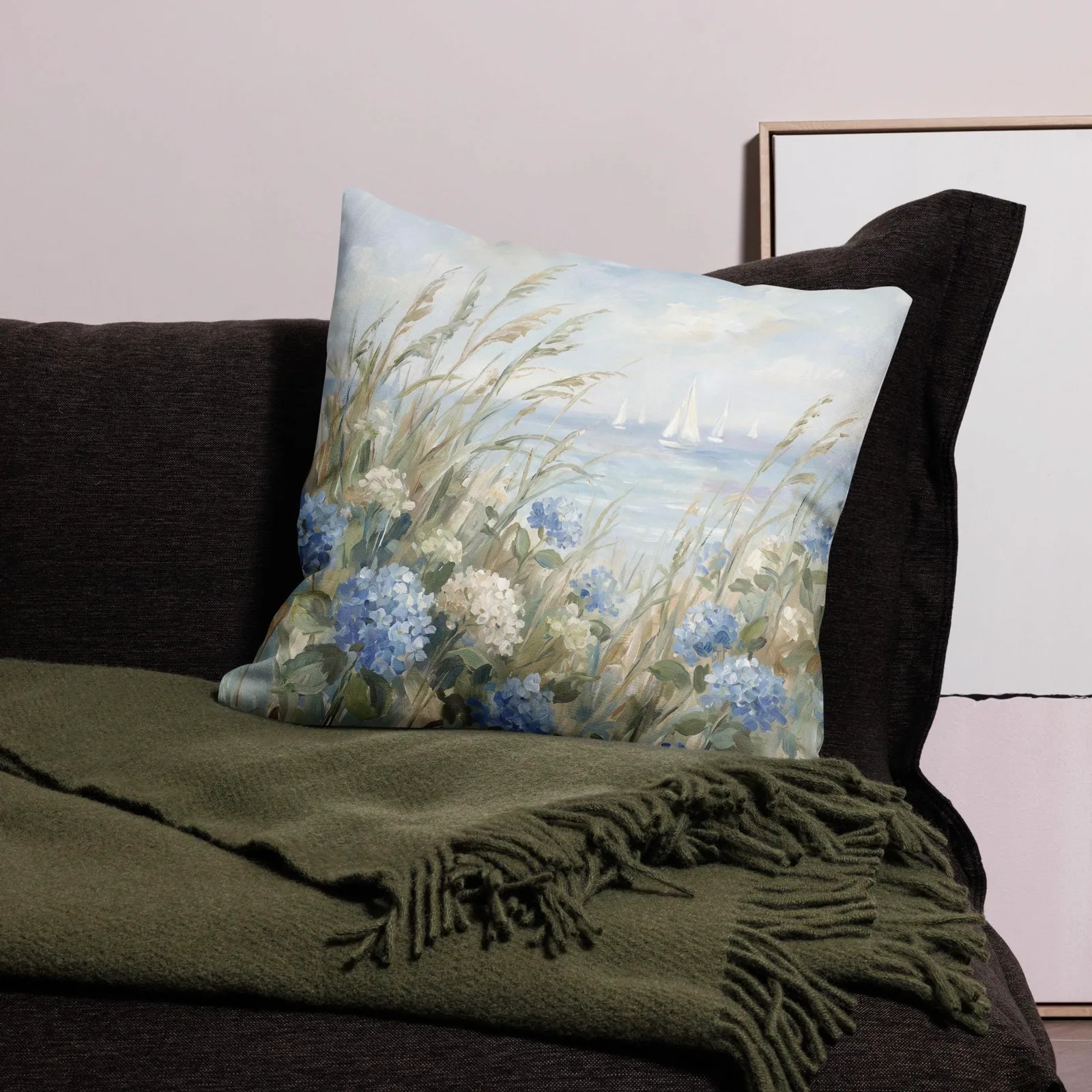 Coastal Blue Hydrangea throw pillow :Sailboat Beach Cushion, photo 10