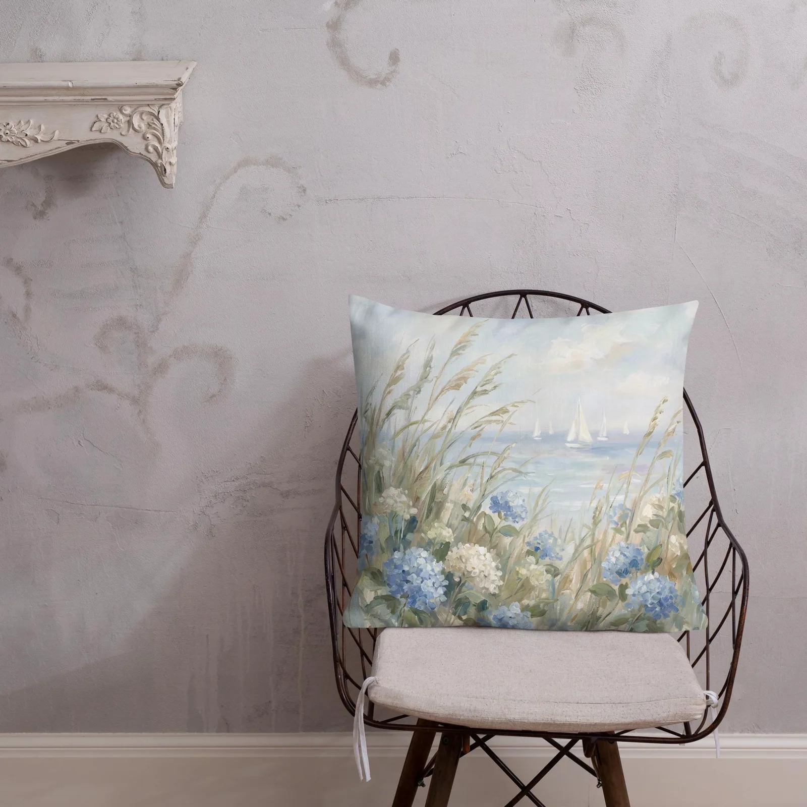 Coastal Blue Hydrangea throw pillow :Sailboat Beach Cushion, photo 5