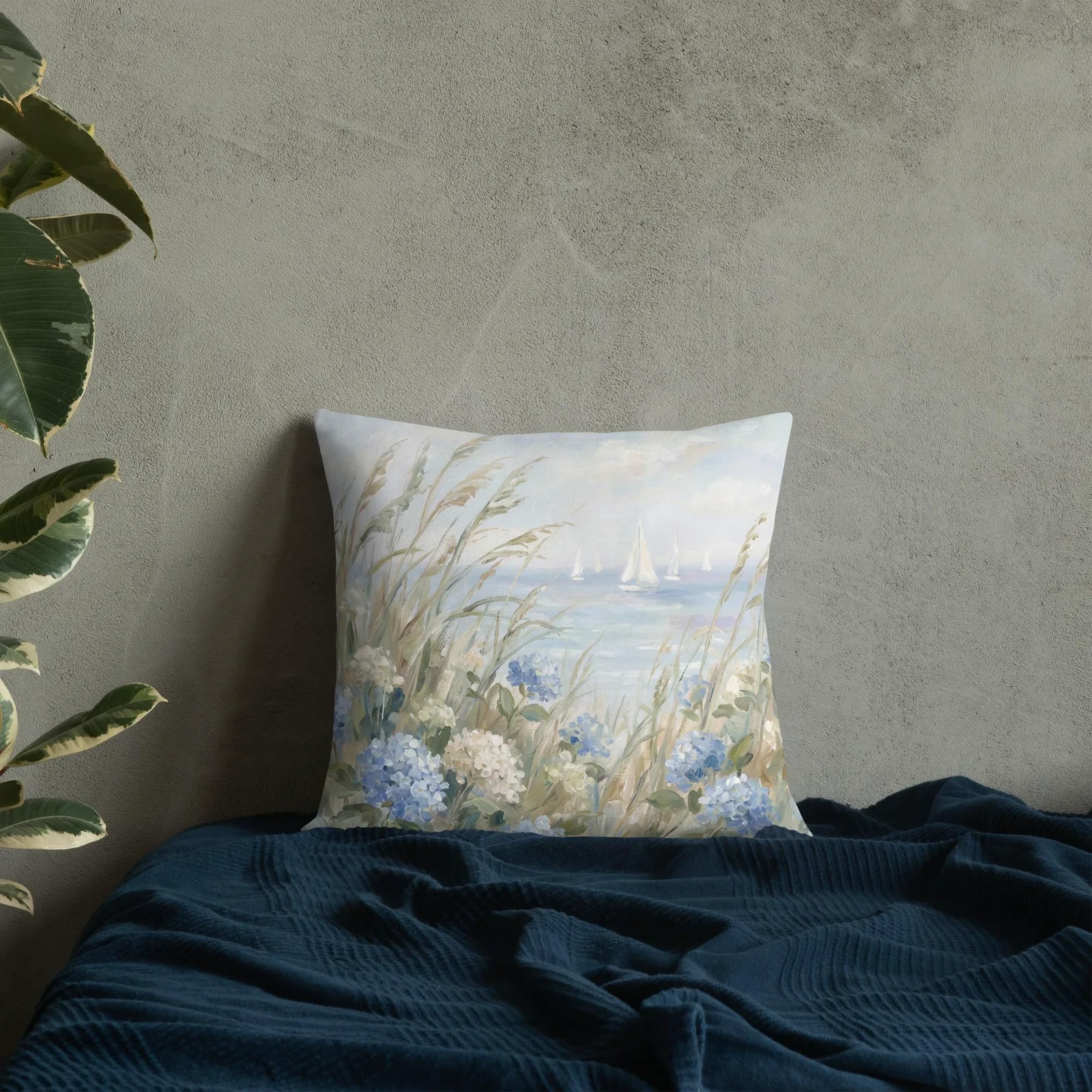 Coastal Blue Hydrangea throw pillow :Sailboat Beach Cushion, photo 6