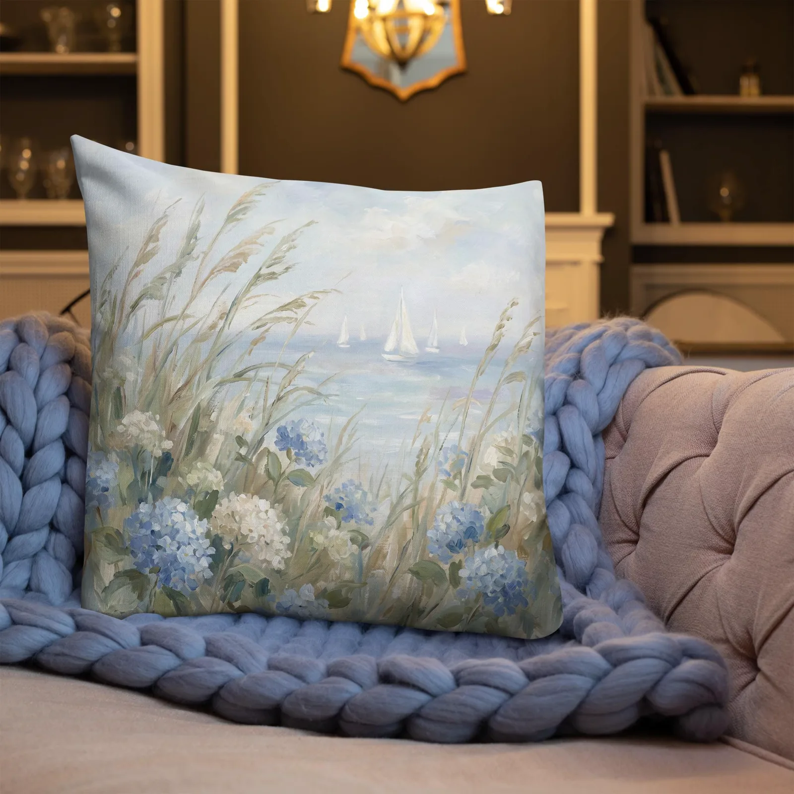 Coastal Blue Hydrangea throw pillow :Sailboat Beach Cushion, photo 3