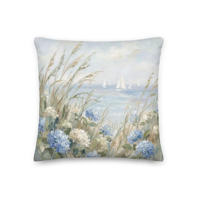 Coastal Blue Hydrangea throw pillow :Sailboat Beach Cushion