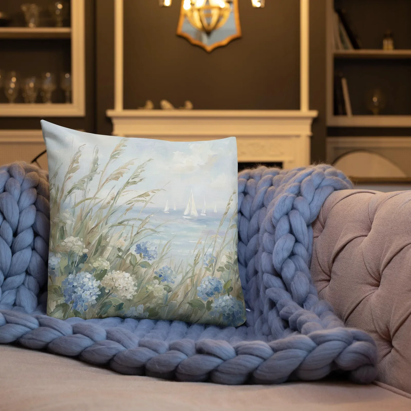 Coastal Blue Hydrangea throw pillow :Sailboat Beach Cushion, photo 2