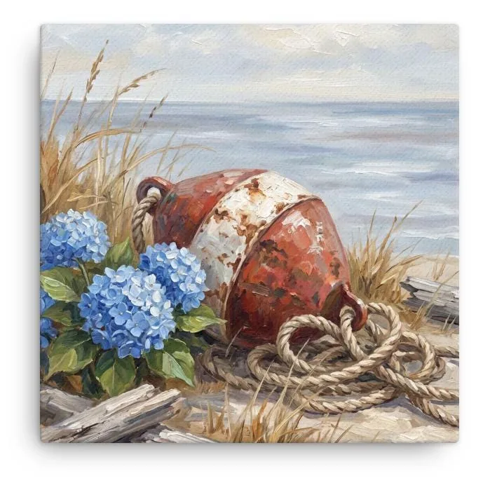 Coastal Buoy and Blue Hydrangea Thin Canvas: Summer Nautical Decor Wall Art