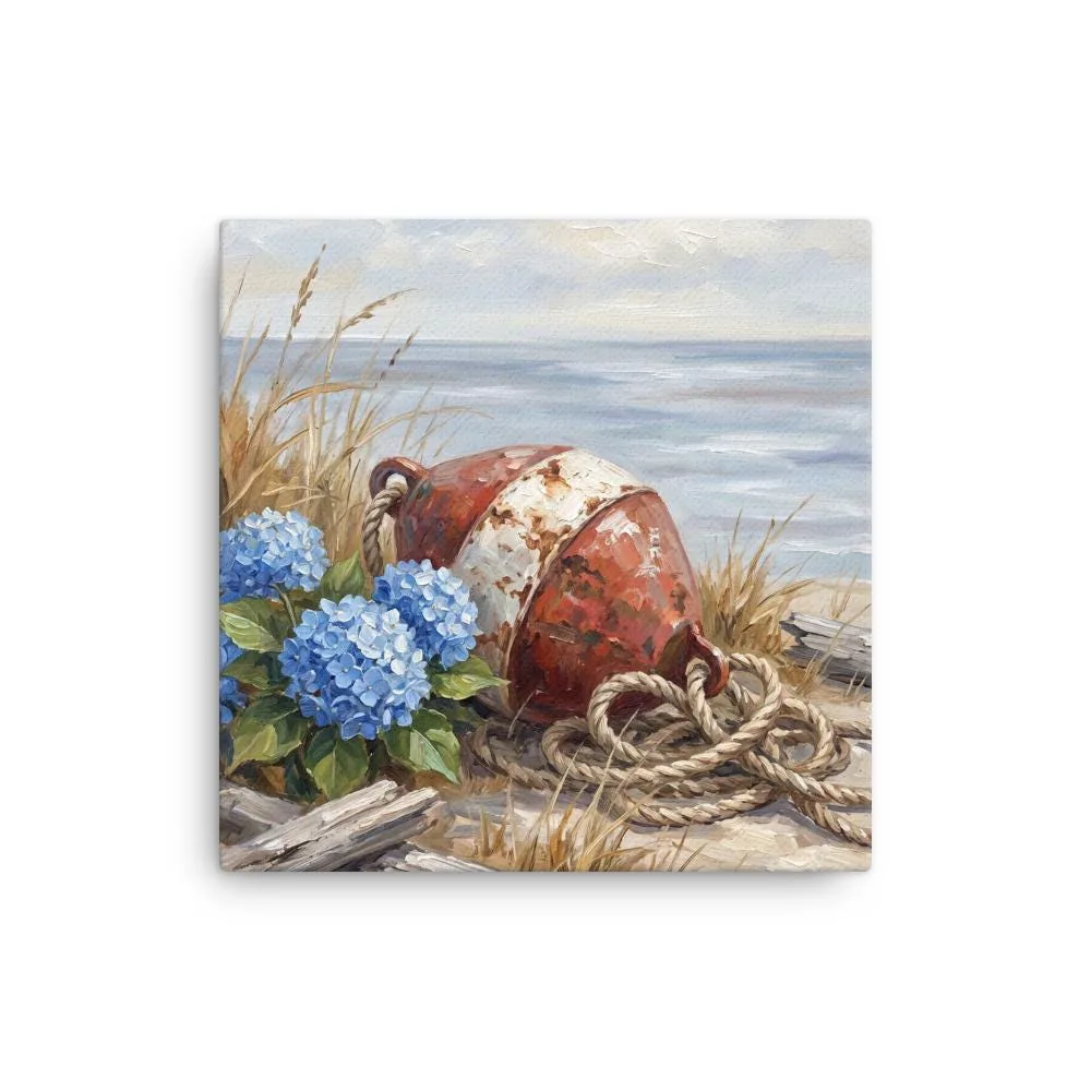 Coastal Buoy and Blue Hydrangea Thin Canvas: Summer Nautical Decor Wall Art