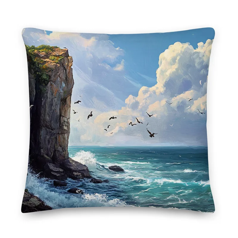 Coastal Cliffside Waves Throw Pillow: Nautical Ocean Decor