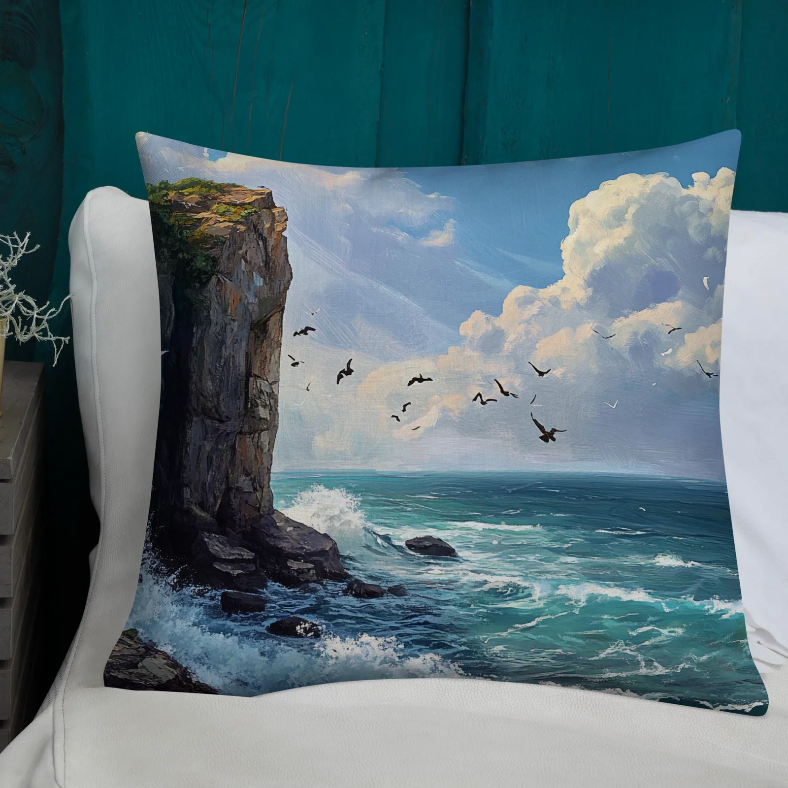 Coastal Cliffside Waves Throw Pillow: Nautical Ocean Decor, photo 9