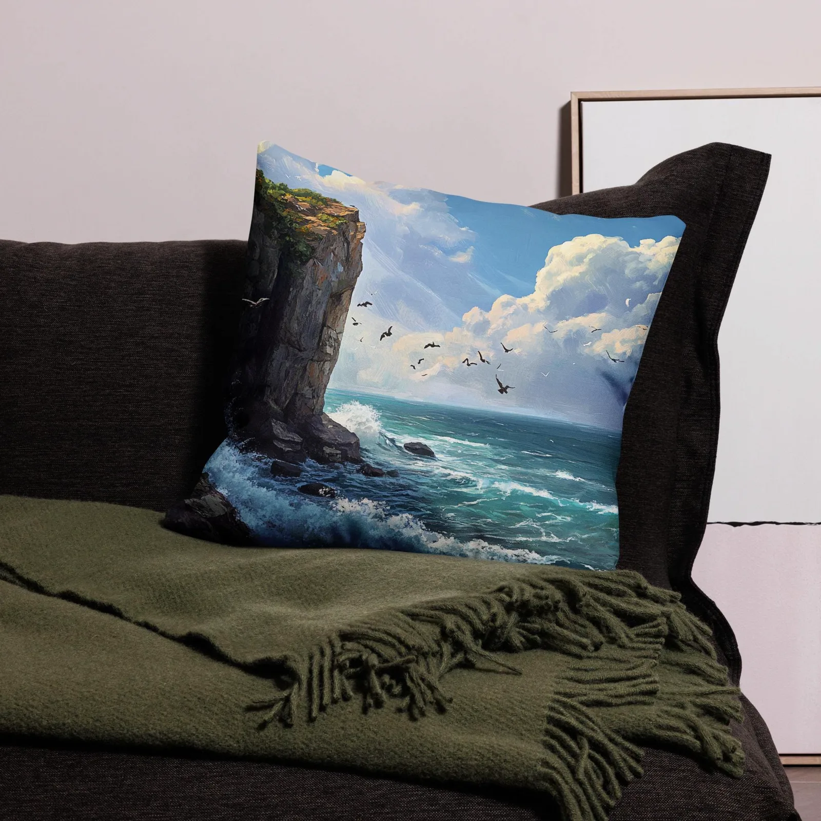 Coastal Cliffside Waves Throw Pillow: Nautical Ocean Decor, photo 3