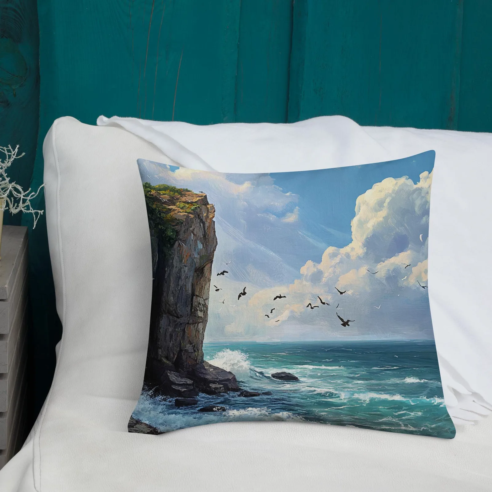 Coastal Cliffside Waves Throw Pillow: Nautical Ocean Decor, photo 7