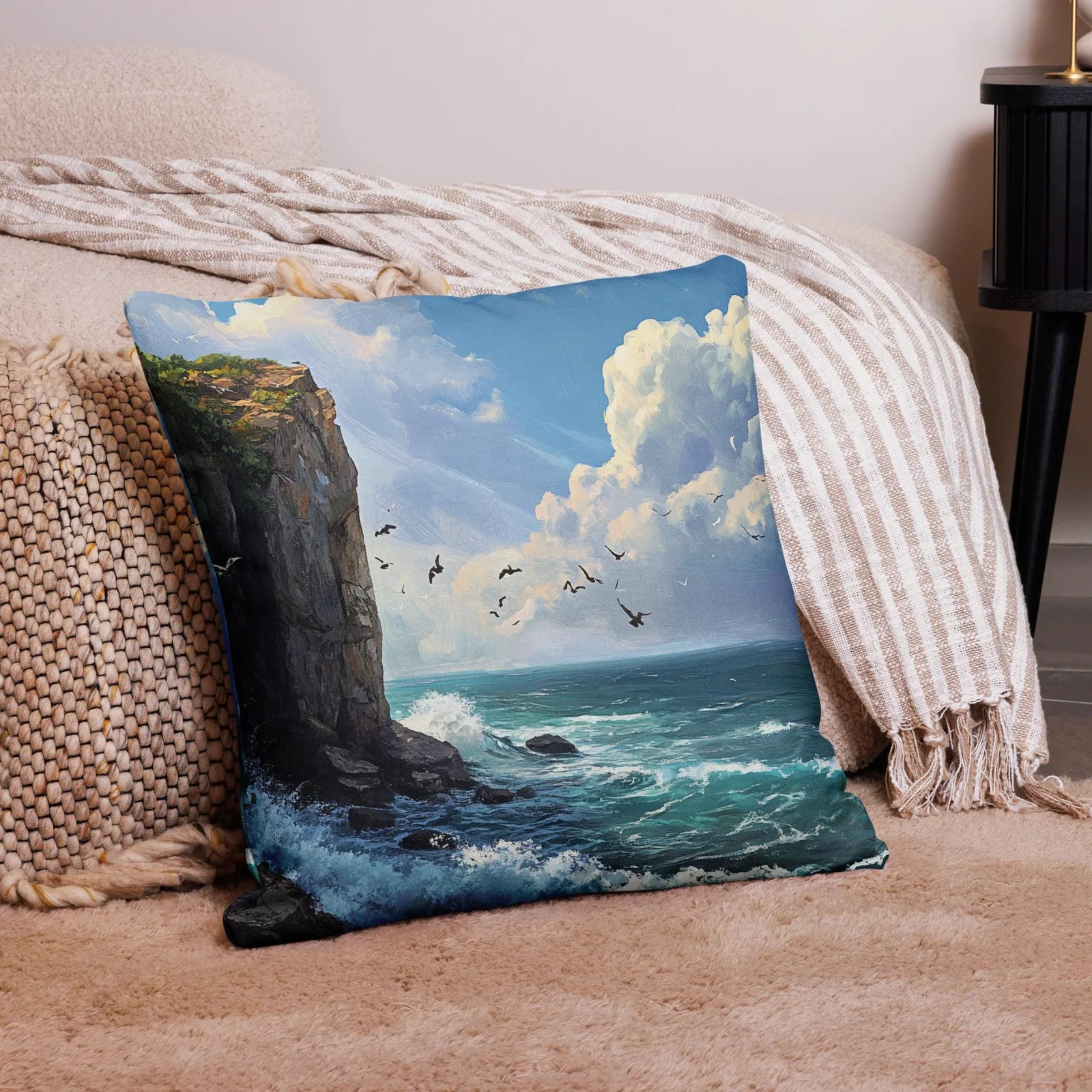 Coastal Cliffside Waves Throw Pillow: Nautical Ocean Decor, photo 6