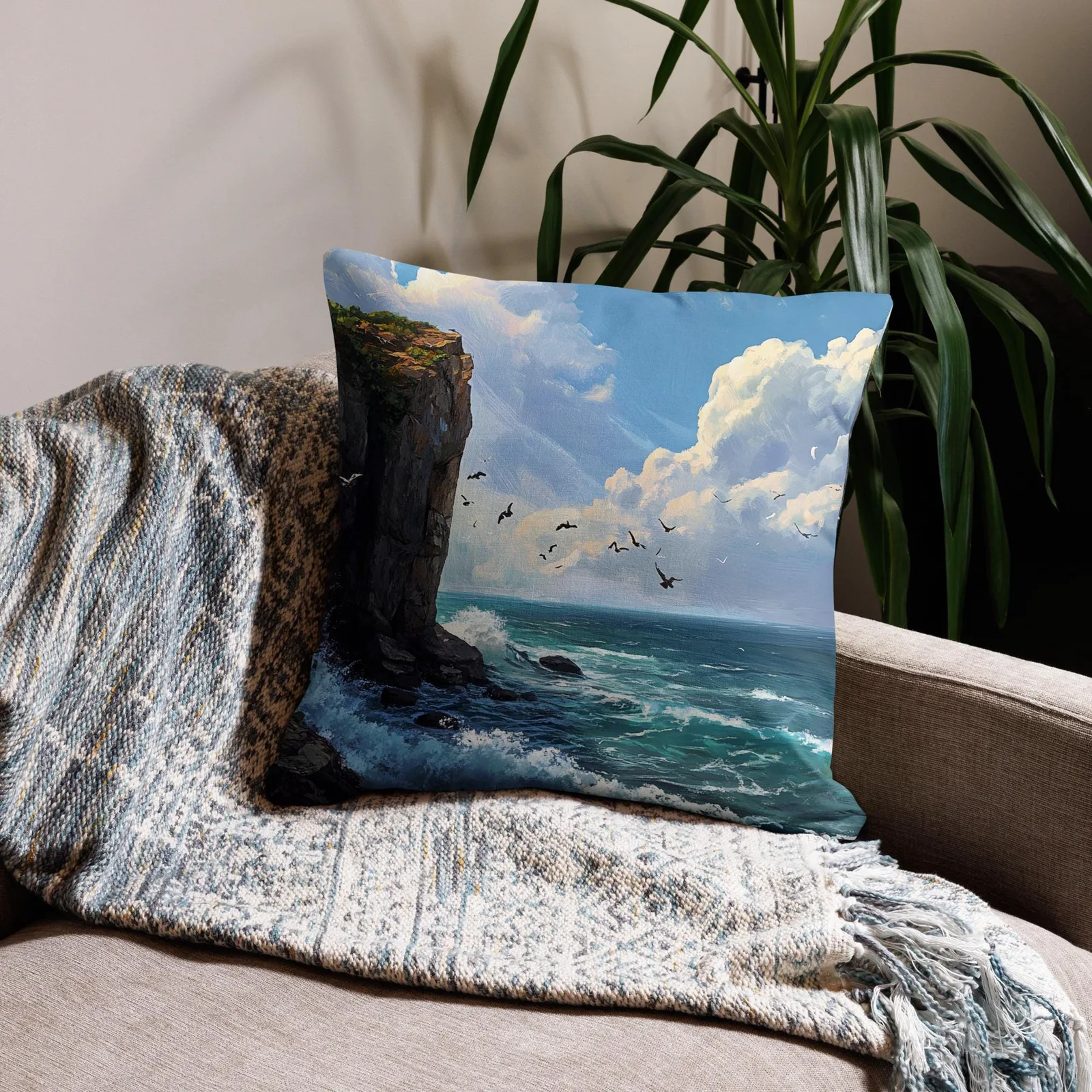 Coastal Cliffside Waves Throw Pillow: Nautical Ocean Decor, photo 4