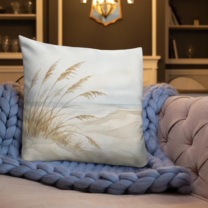 Coastal Dune Grass Throw Pillow: Coastal Watercolor Decor Cushion