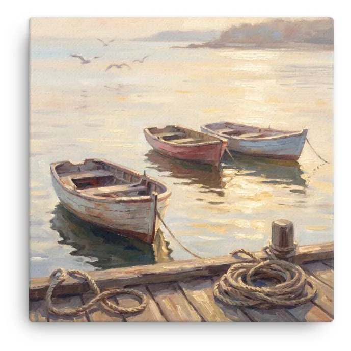 Coastal Harbor Thin Canvas: Nautical Rowboats at Sunset Decor Wall Art