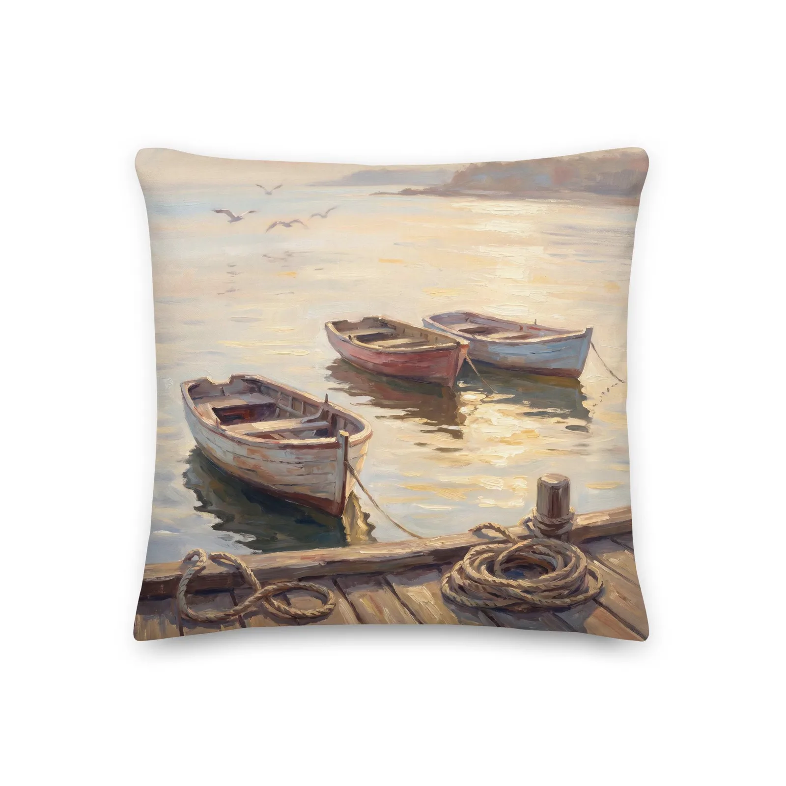 Coastal Rowboat Throw Pillow: Serene Sunset Harbor Cushion