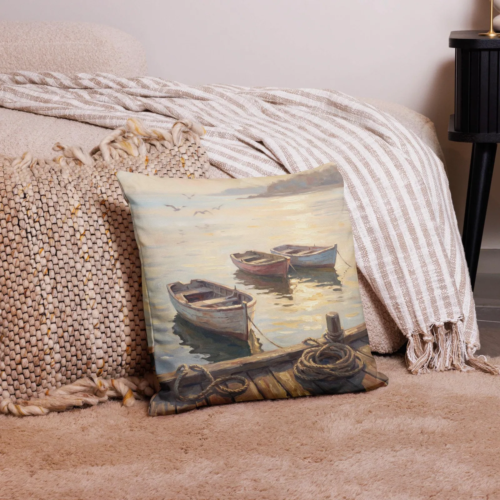Coastal Rowboat Throw Pillow: Serene Sunset Harbor Cushion, photo 4