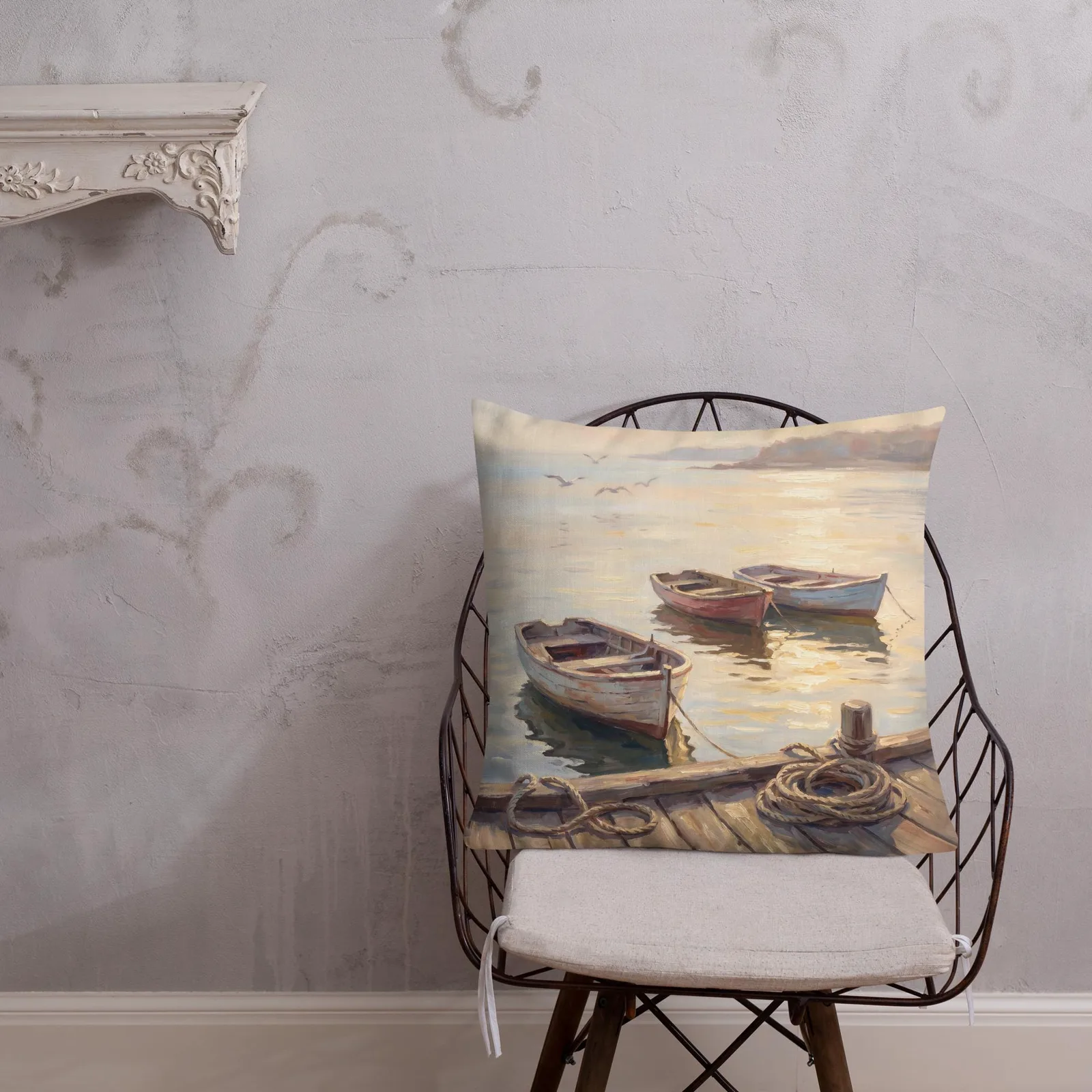 Coastal Rowboat Throw Pillow: Serene Sunset Harbor Cushion, photo 9