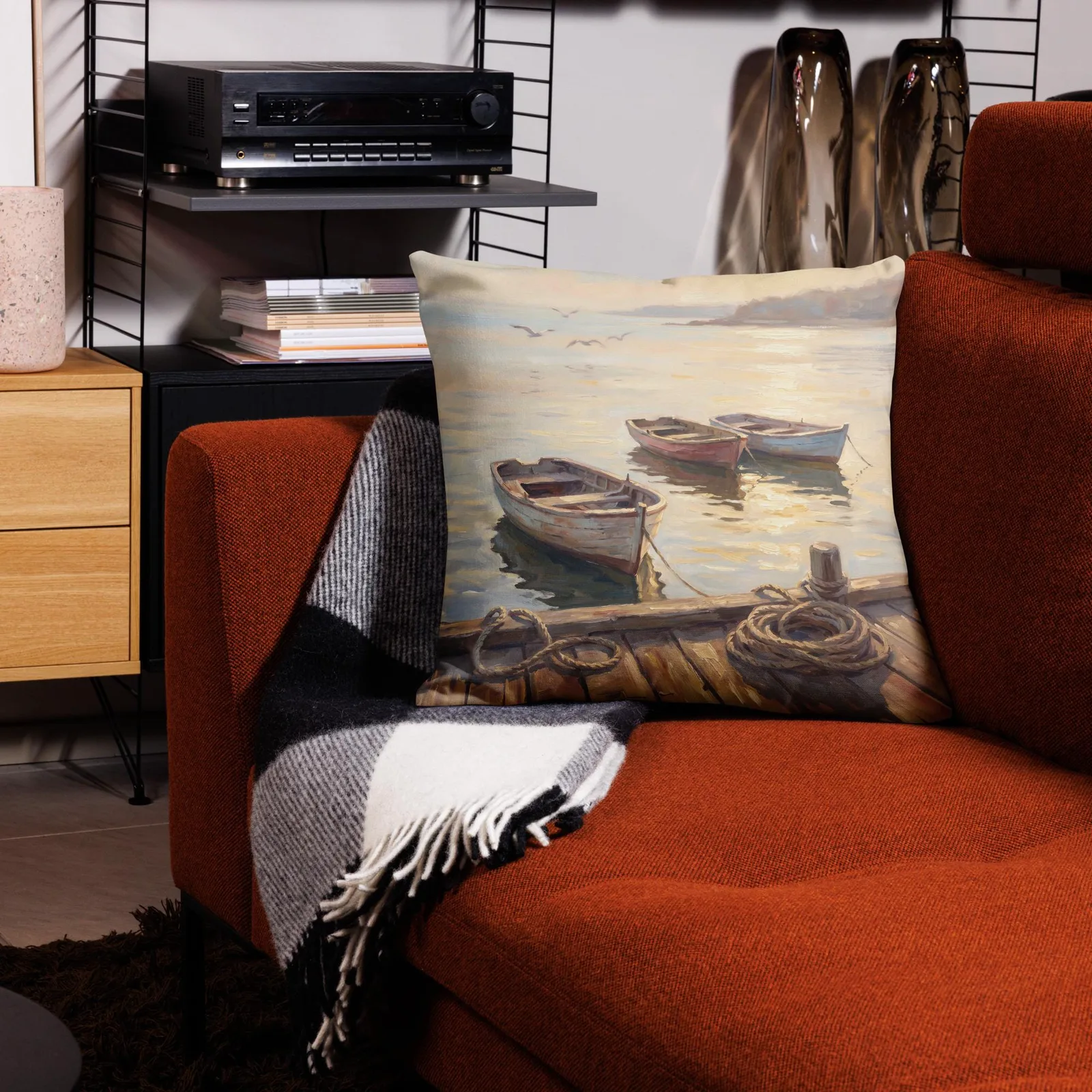 Coastal Rowboat Throw Pillow: Serene Sunset Harbor Cushion, photo 3
