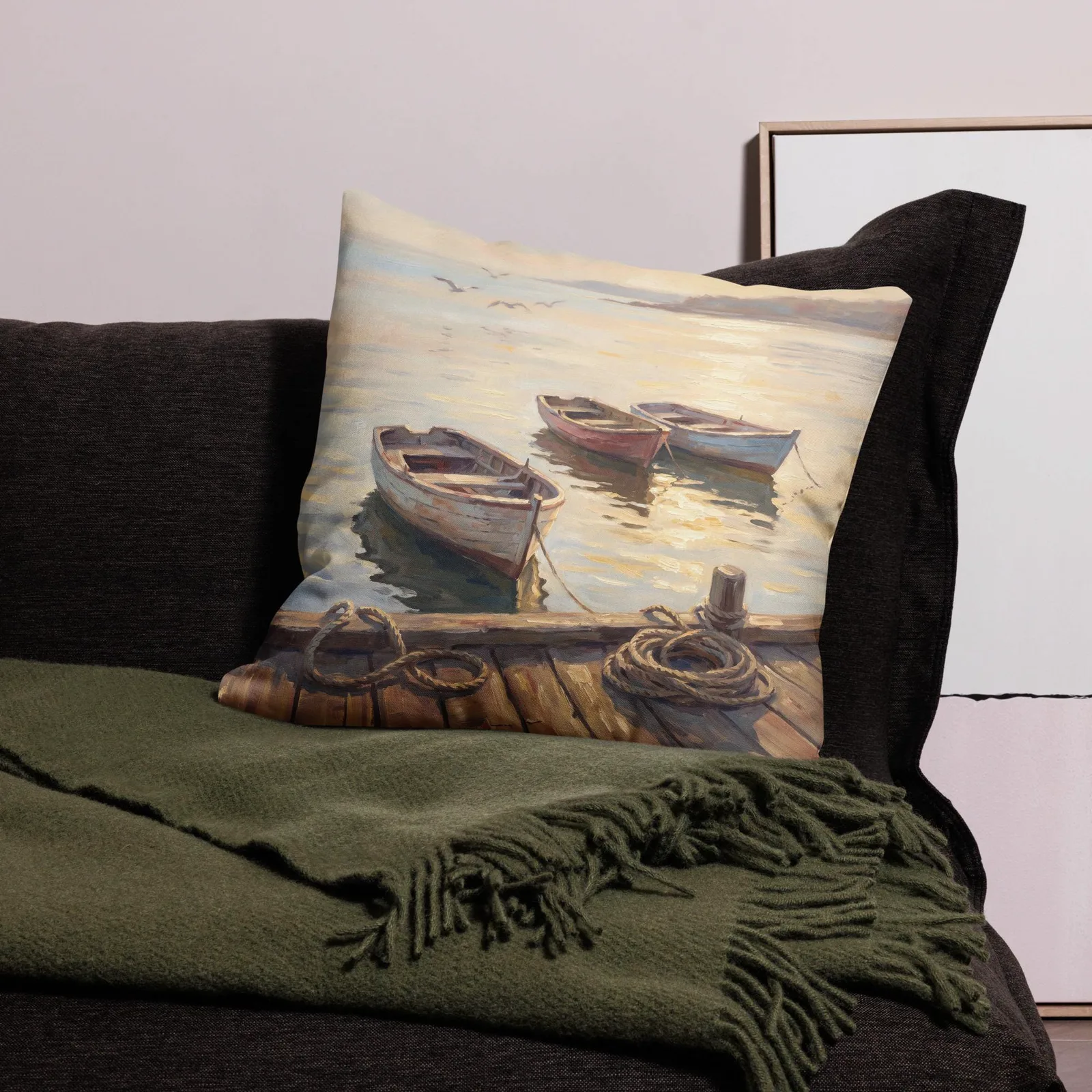 Coastal Rowboat Throw Pillow: Serene Sunset Harbor Cushion, photo 10