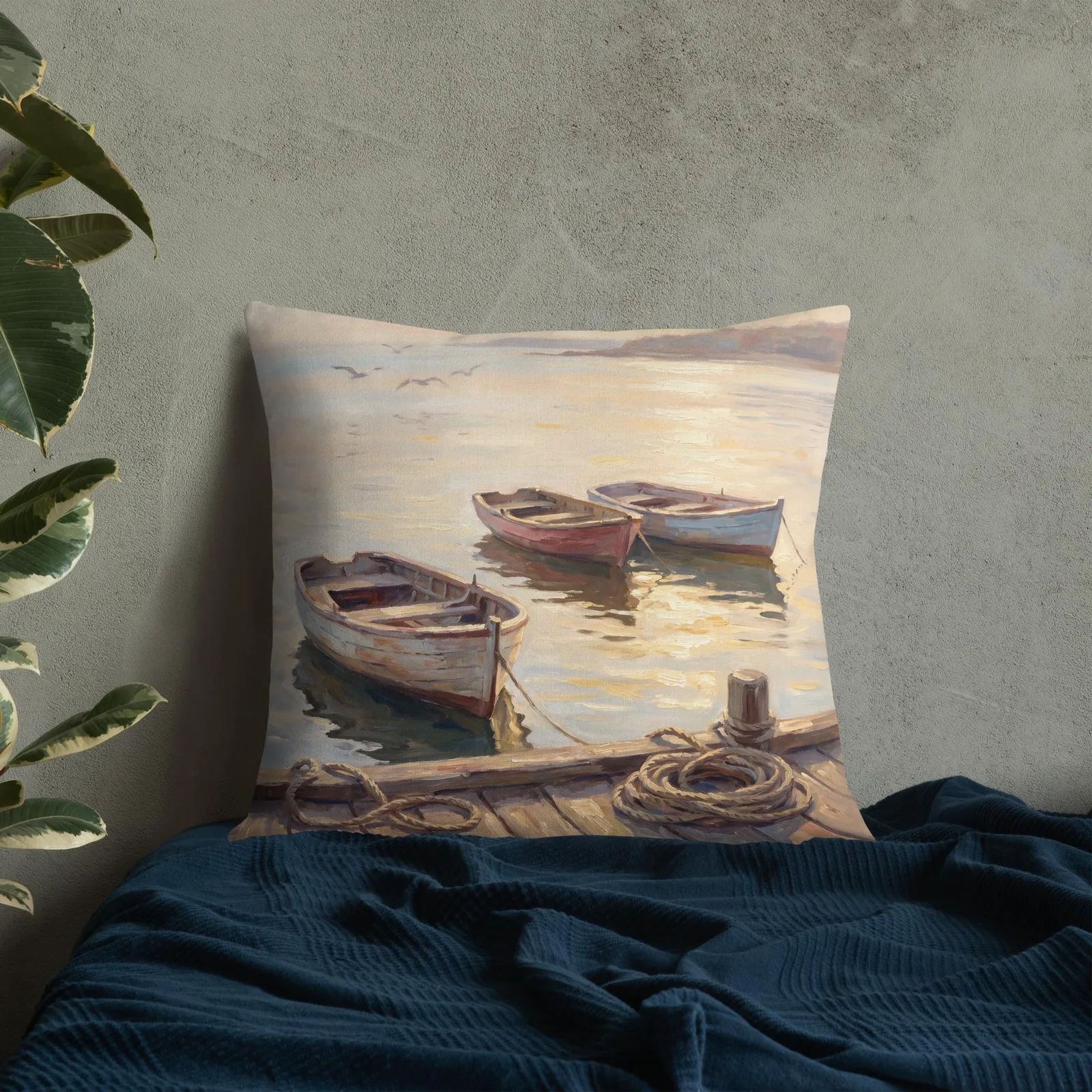 Coastal Rowboat Throw Pillow: Serene Sunset Harbor Cushion, photo 7