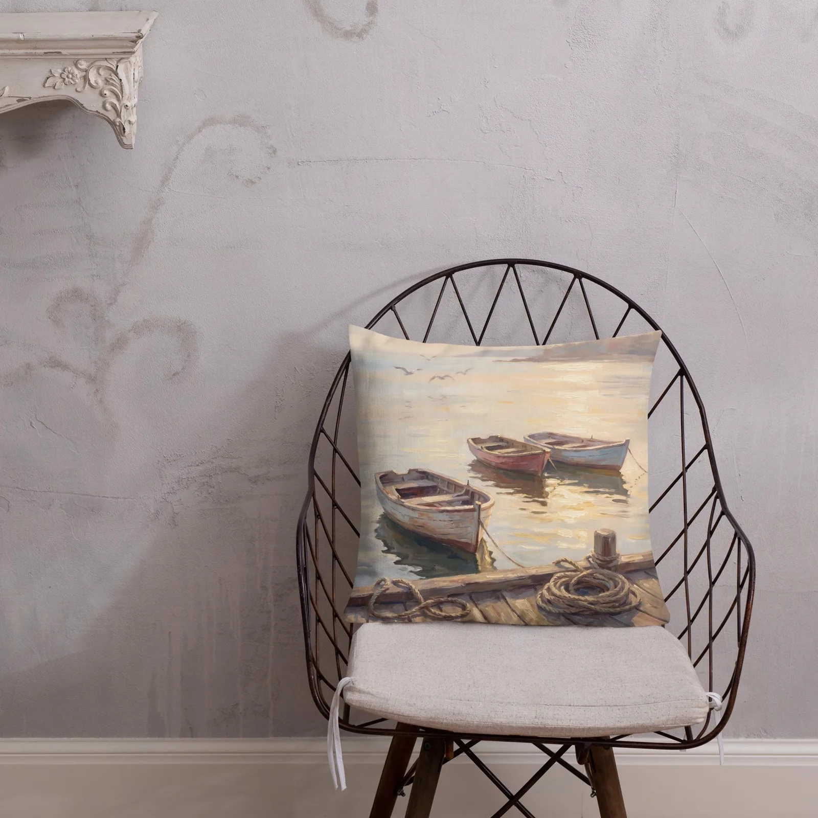 Coastal Rowboat Throw Pillow: Serene Sunset Harbor Cushion, photo 8