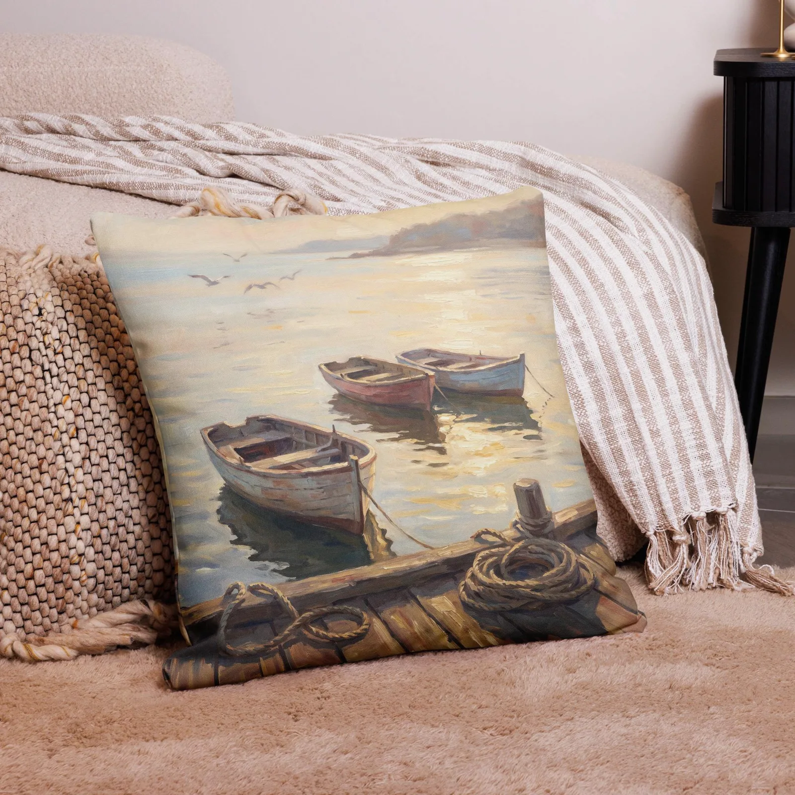 Coastal Rowboat Throw Pillow: Serene Sunset Harbor Cushion, photo 5