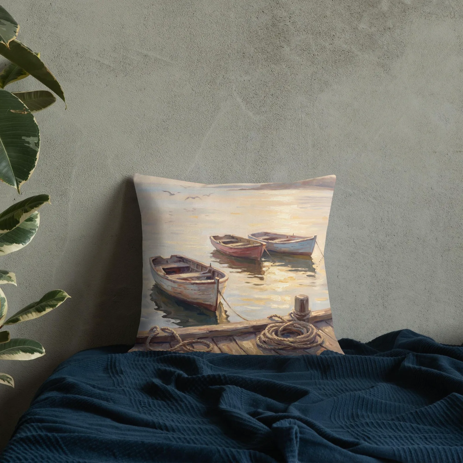 Coastal Rowboat Throw Pillow: Serene Sunset Harbor Cushion, photo 6