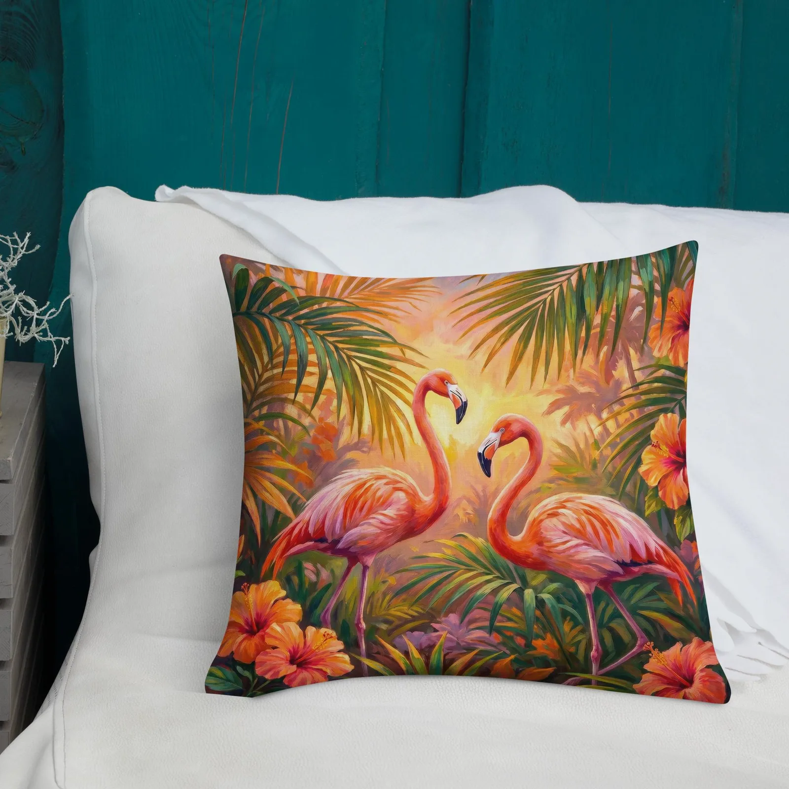 Coral Flamingo Throw Pillow: Tropical Hibiscus Decor Cushion, photo 2