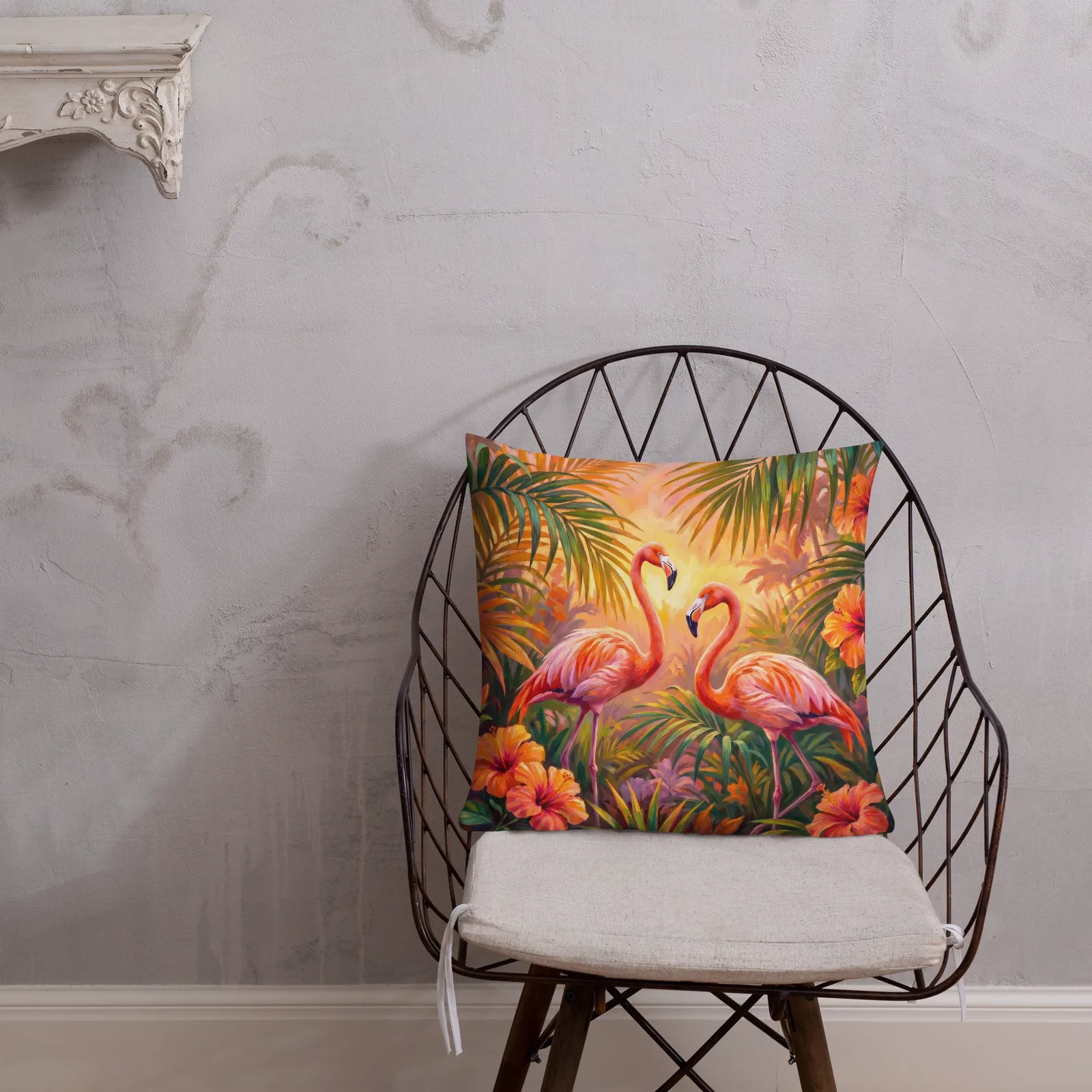 Coral Flamingo Throw Pillow: Tropical Hibiscus Decor Cushion, photo 4