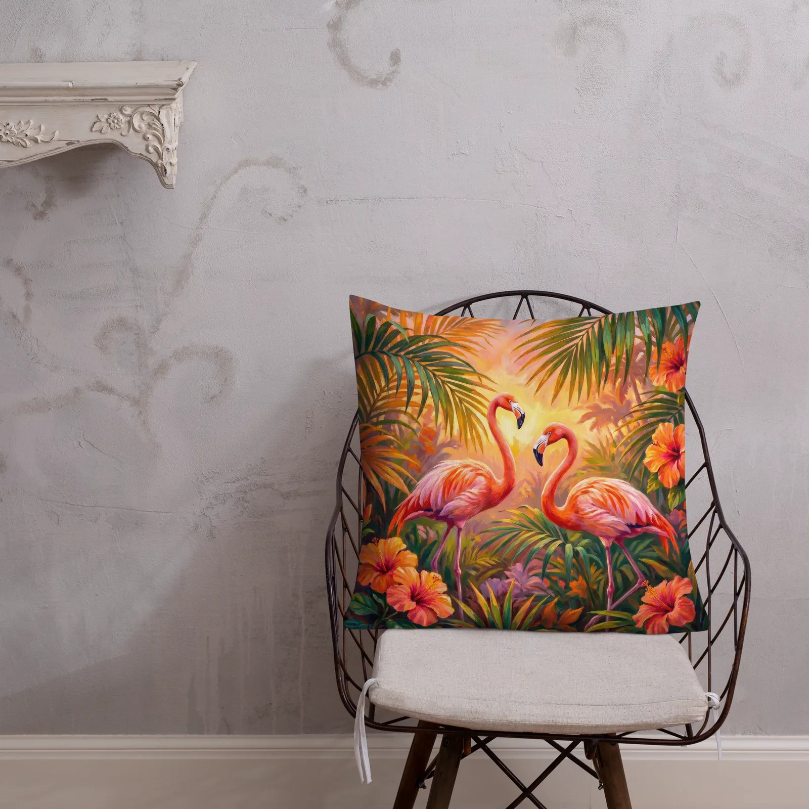 Coral Flamingo Throw Pillow: Tropical Hibiscus Decor Cushion, photo 5