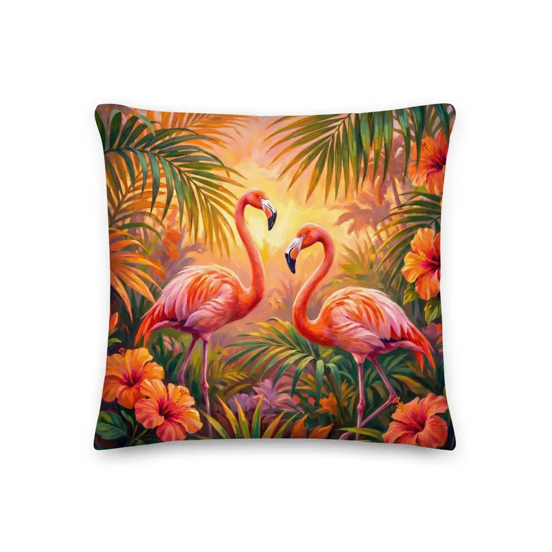 Coral Flamingo Throw Pillow: Tropical Hibiscus Decor Cushion