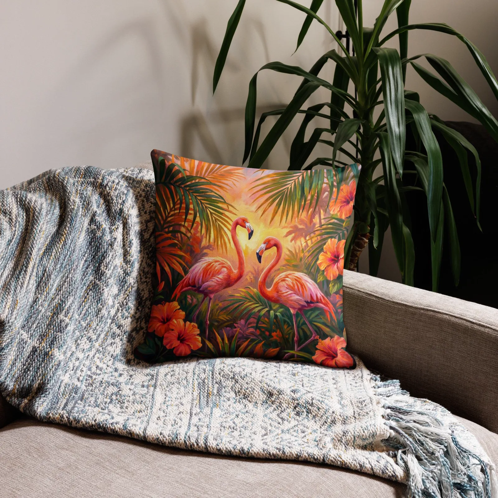 Coral Flamingo Throw Pillow: Tropical Hibiscus Decor Cushion, photo 8