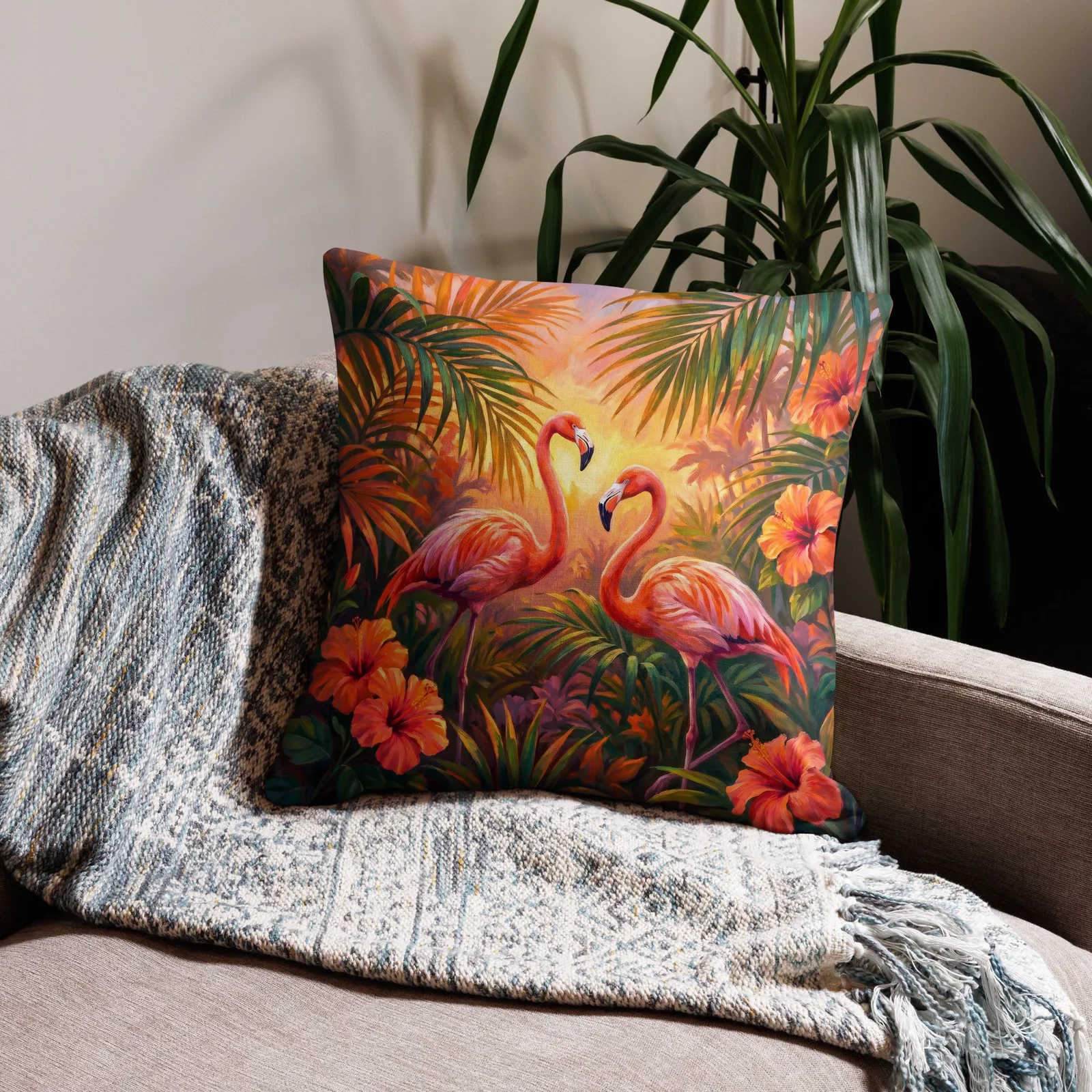 Coral Flamingo Throw Pillow: Tropical Hibiscus Decor Cushion, photo 9