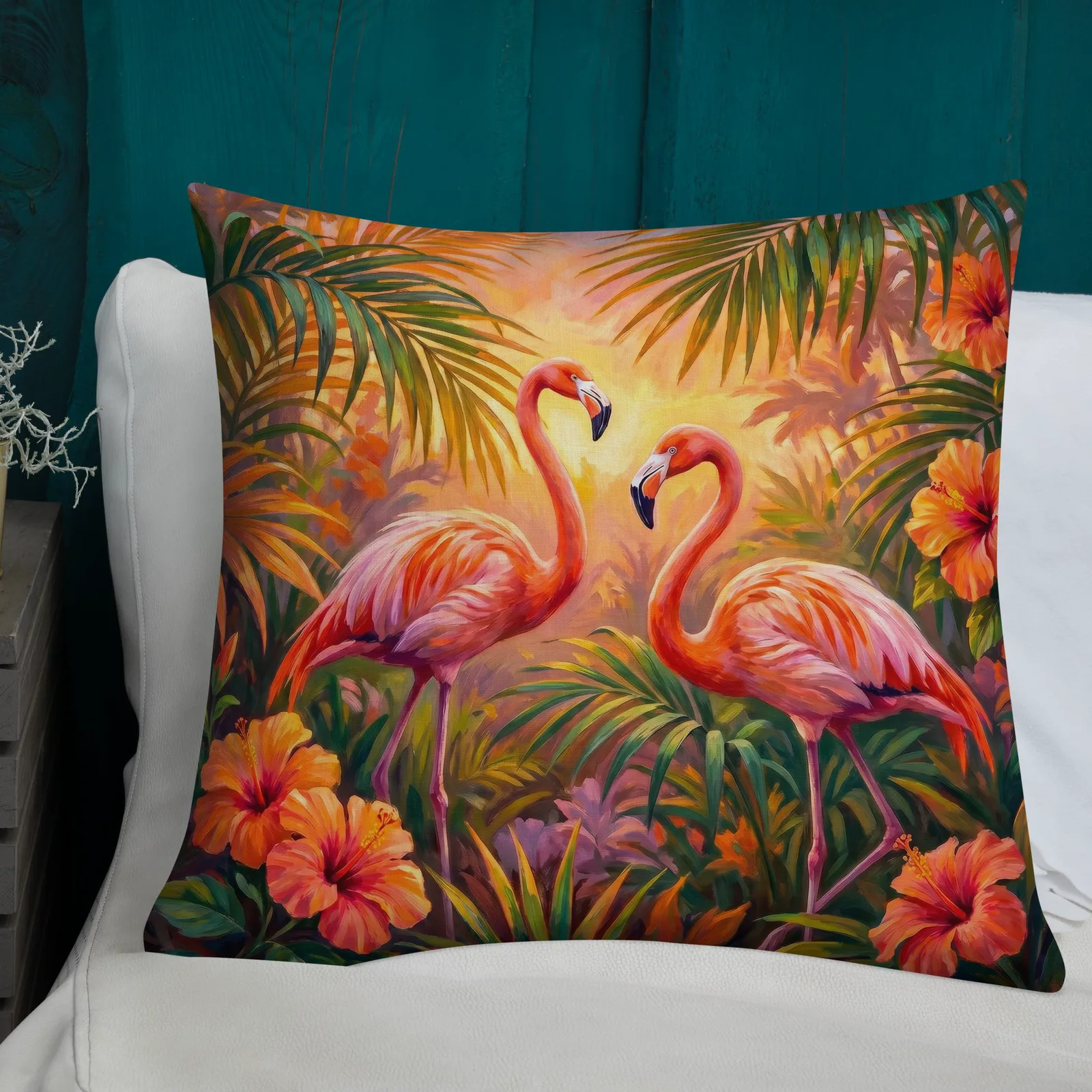 Coral Flamingo Throw Pillow: Tropical Hibiscus Decor Cushion, photo 3