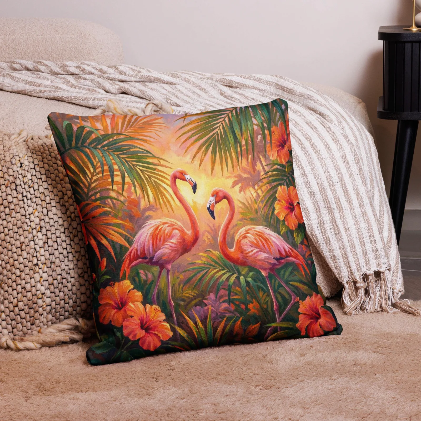 Coral Flamingo Throw Pillow: Tropical Hibiscus Decor Cushion, photo 10
