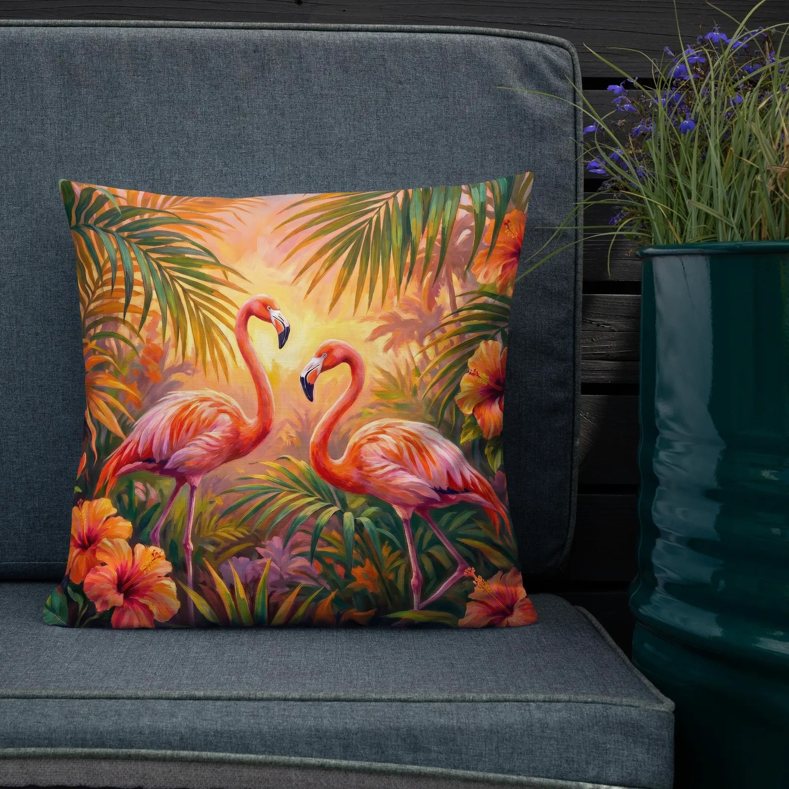Coral Flamingo Throw Pillow: Tropical Hibiscus Decor Cushion, photo 6