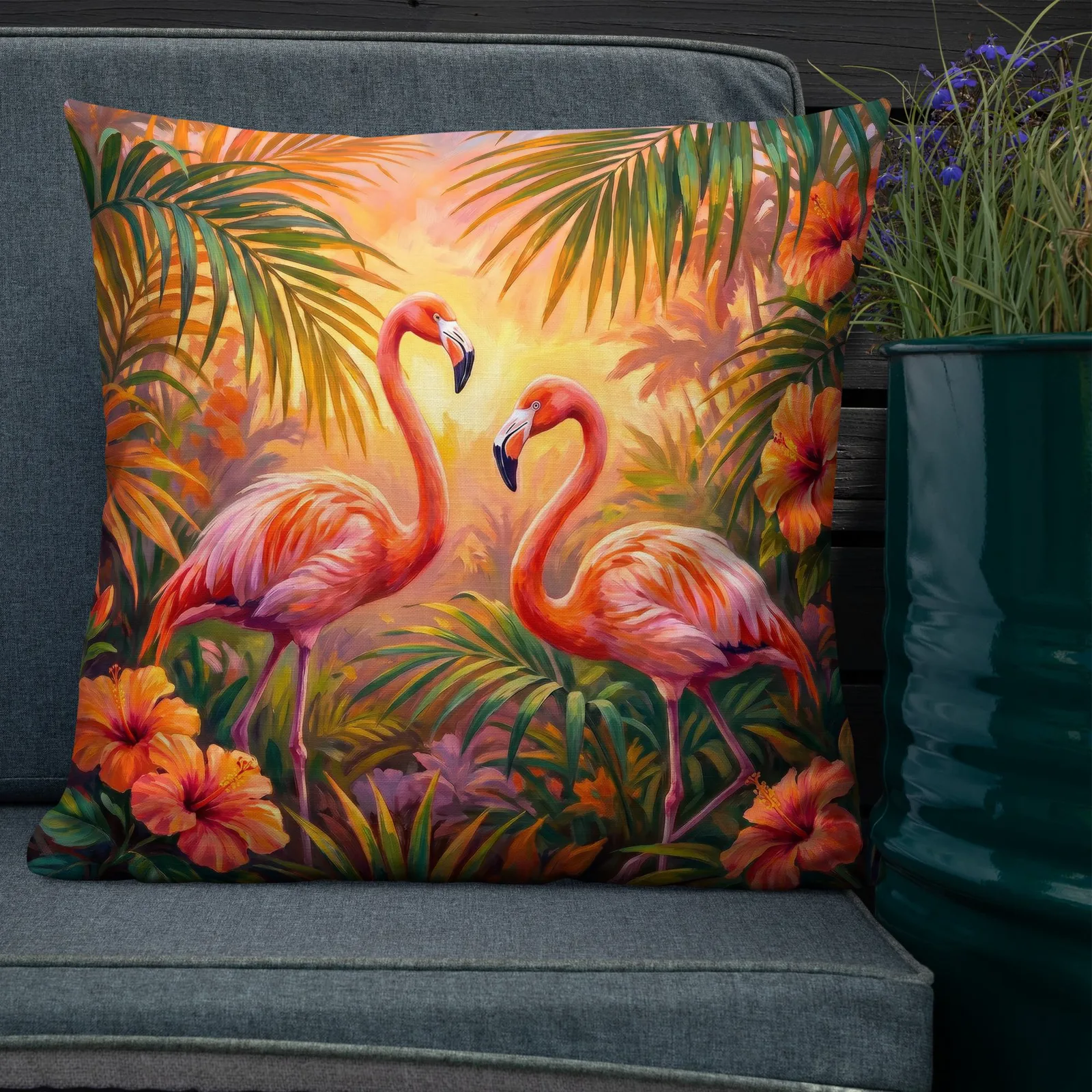 Coral Flamingo Throw Pillow: Tropical Hibiscus Decor Cushion, photo 7
