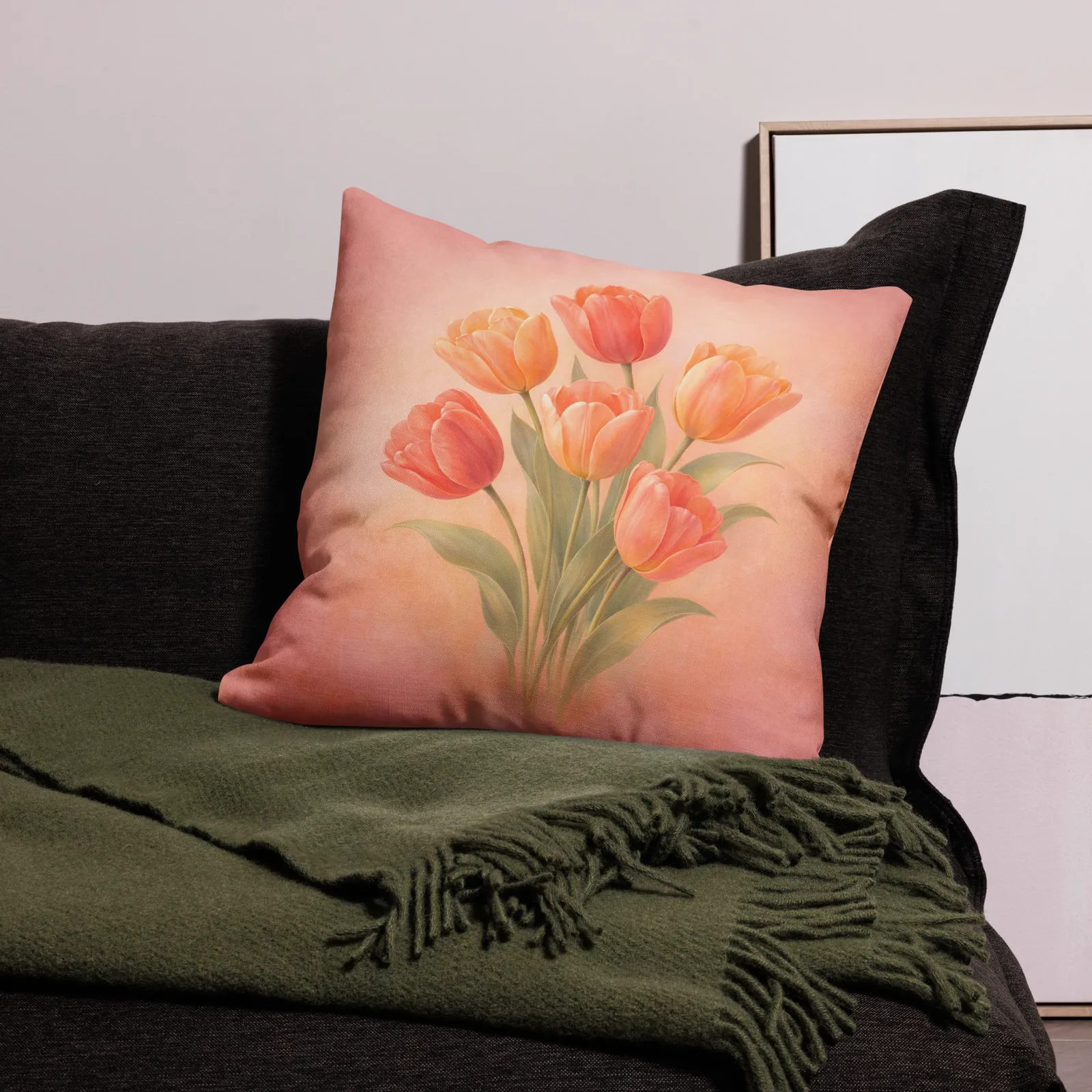 Coral Tulip Throw Pillow: Peach Spring Floral Decor, photo 4