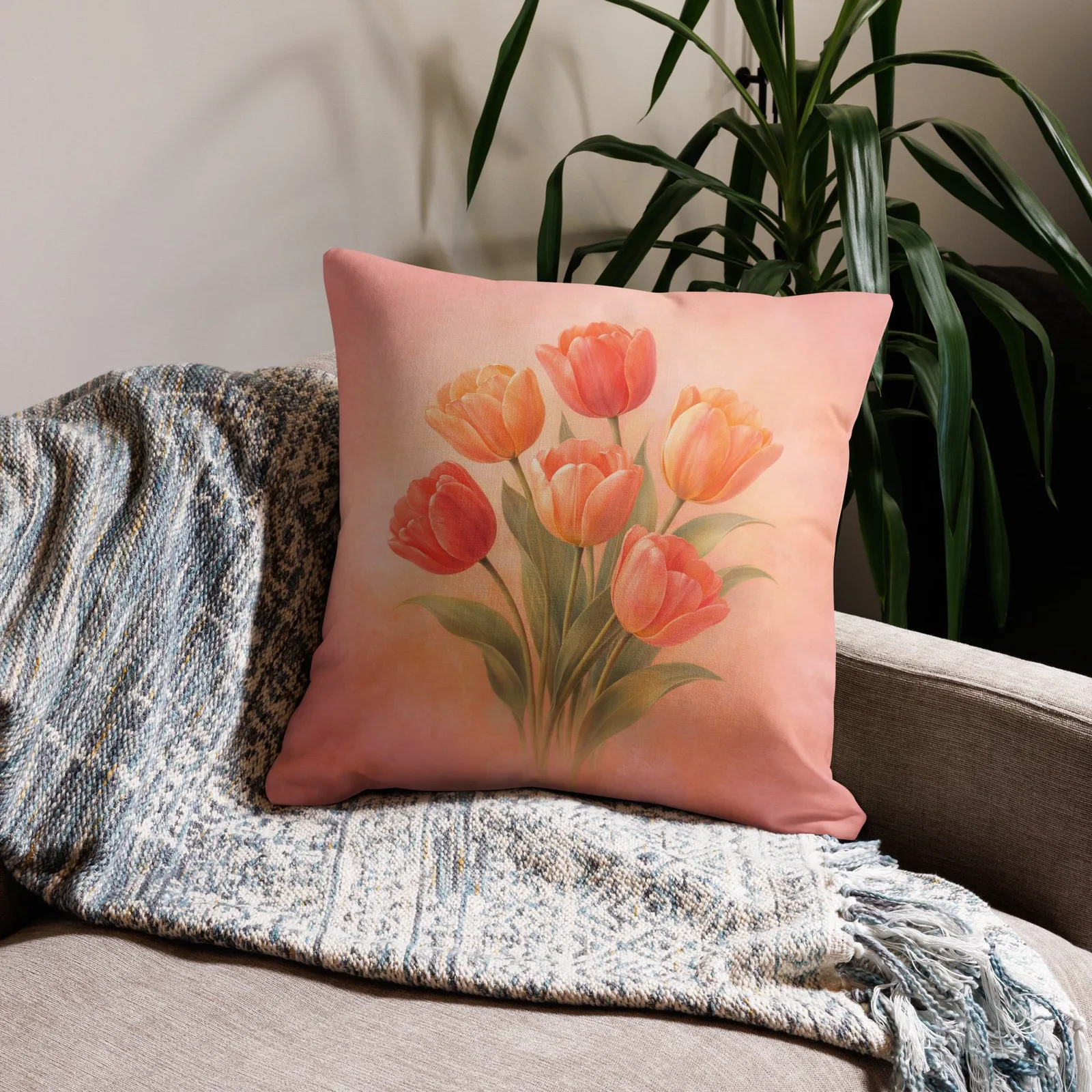 Coral Tulip Throw Pillow: Peach Spring Floral Decor
