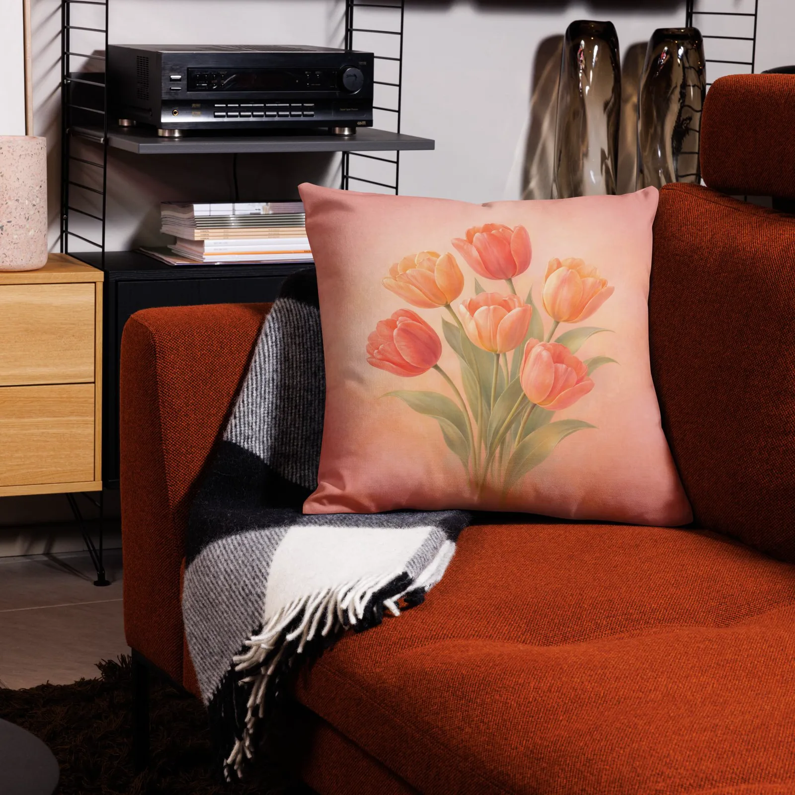 Coral Tulip Throw Pillow: Peach Spring Floral Decor, photo 6