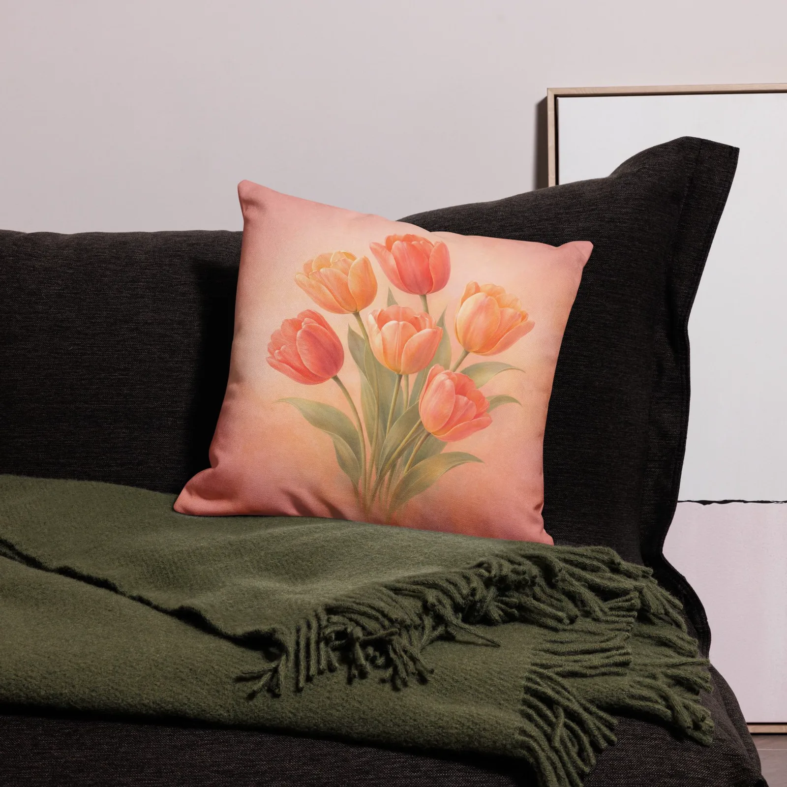 Coral Tulip Throw Pillow: Peach Spring Floral Decor, photo 3