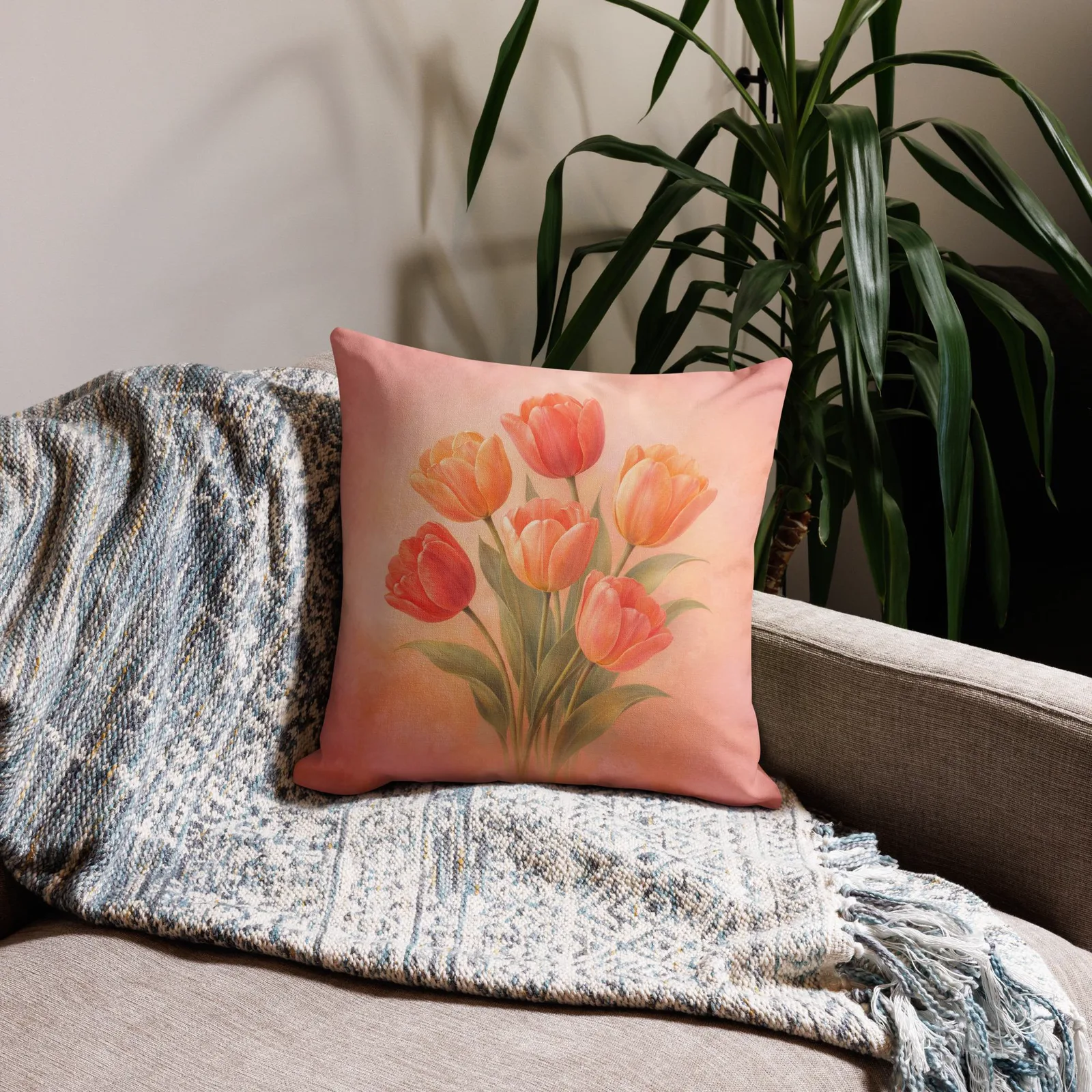 Coral Tulip Throw Pillow: Peach Spring Floral Decor, photo 7