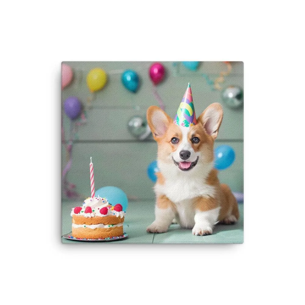 Corgi Birthday Celebration Thin Canvas: Puppy Dog Lover Wall Art