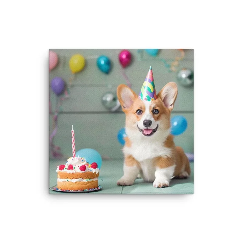 Corgi Birthday Celebration Thin Canvas: Puppy Dog Lover Wall Art