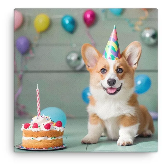 Corgi Birthday Celebration Thin Canvas: Puppy Dog Lover Wall Art