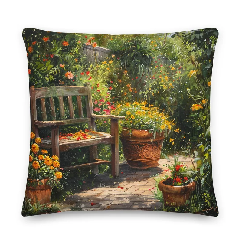 Cottage Garden Bench Throw Pillow: Floral Linen-Feel Cushion