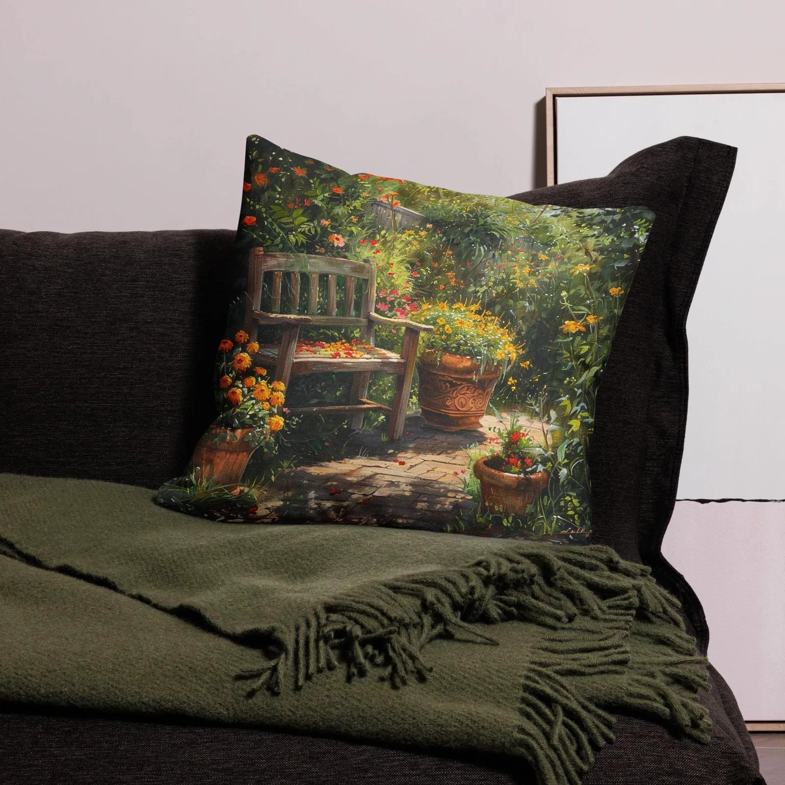Cottage Garden Bench Throw Pillow: Floral Linen-Feel Cushion, photo 2