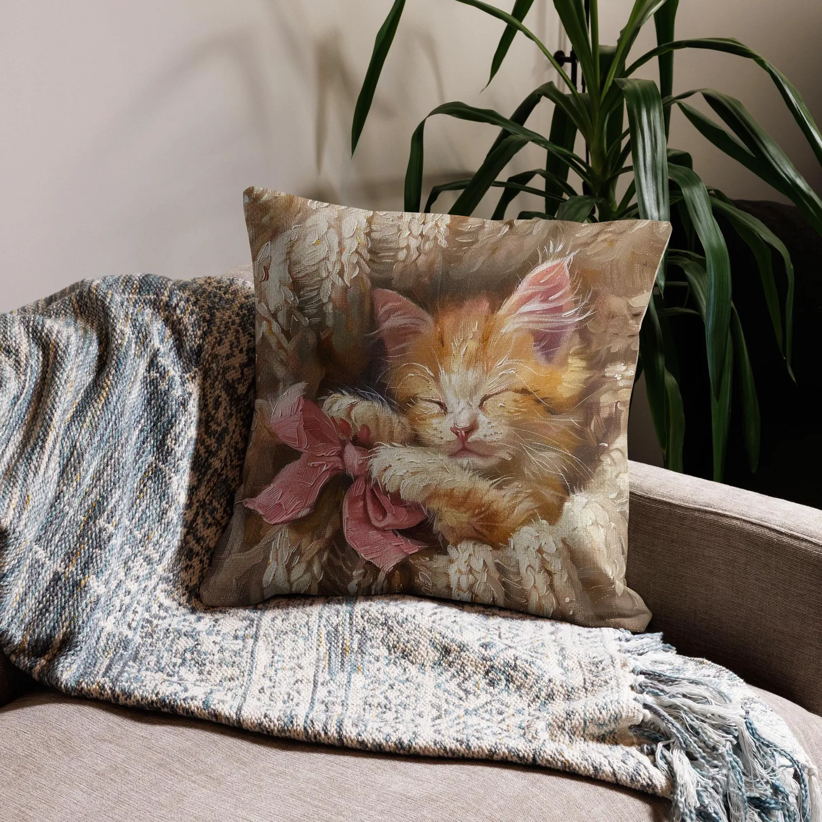 Cozy Kitten Throw Pillow: Linen-Feel Cat Cushion with Pink Bow, photo 3