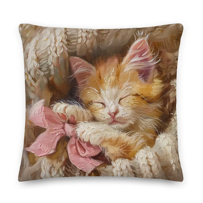 Cozy Kitten Throw Pillow: Linen-Feel Cat Cushion with Pink Bow