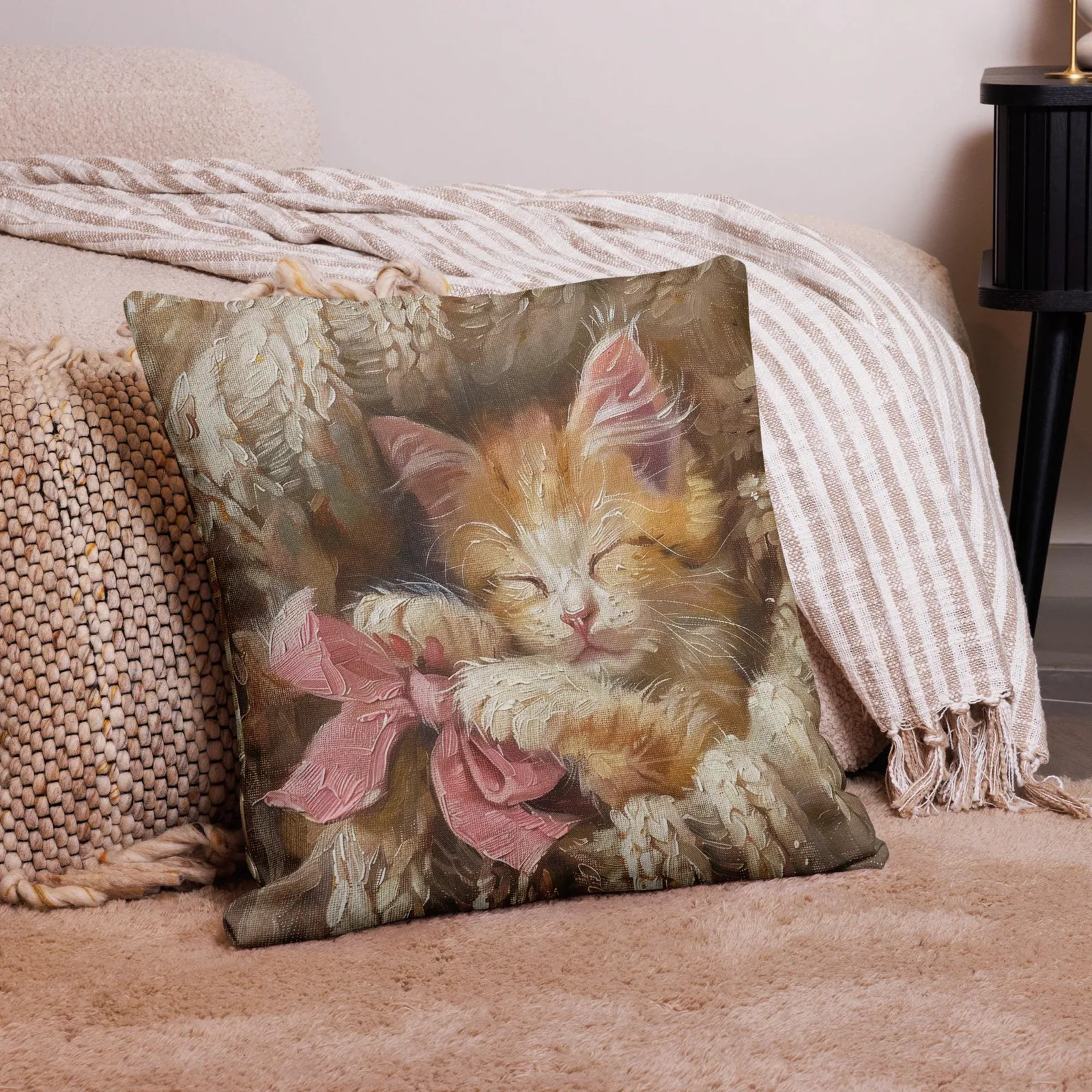 Cozy Kitten Throw Pillow: Linen-Feel Cat Cushion with Pink Bow, photo 5