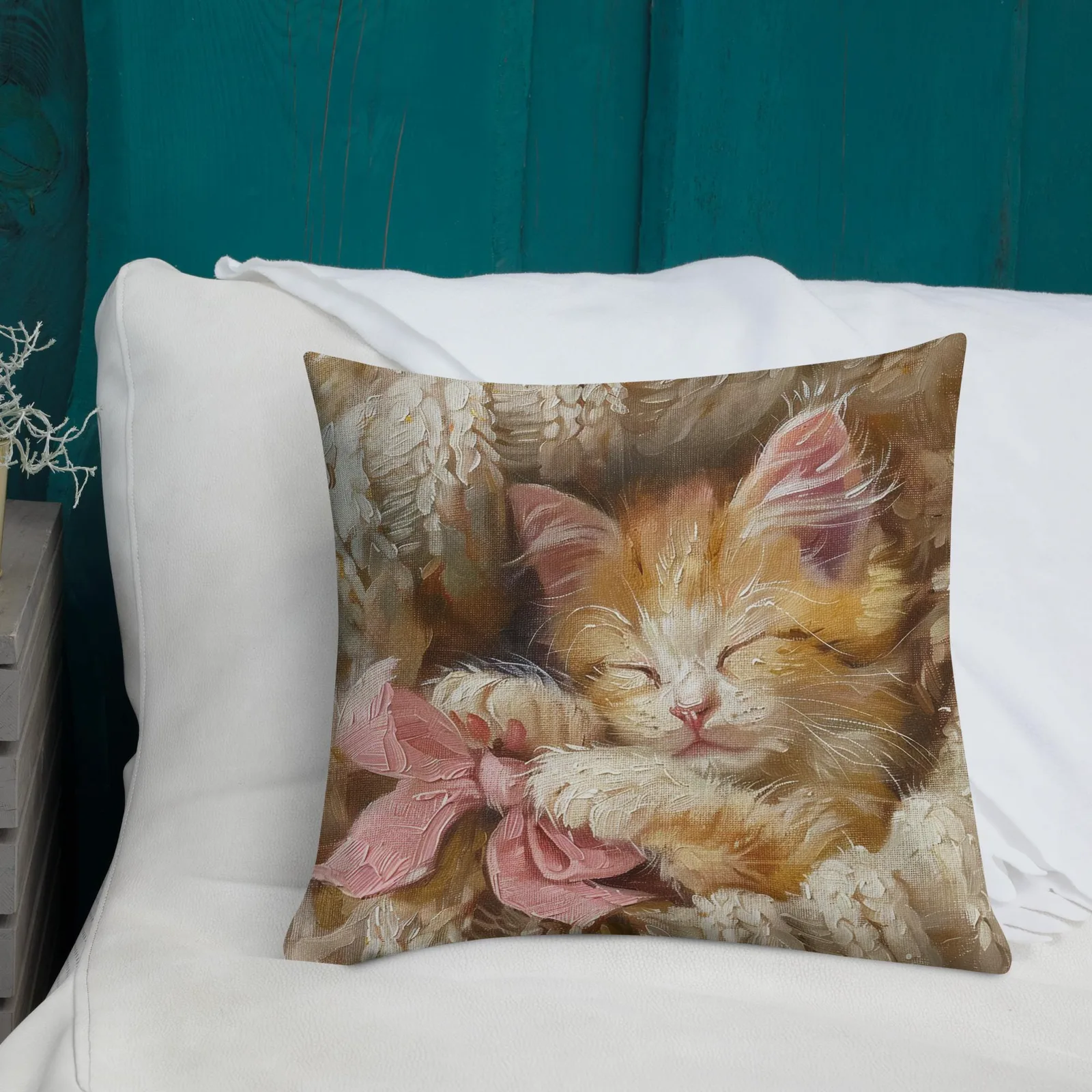 Cozy Kitten Throw Pillow: Linen-Feel Cat Cushion with Pink Bow, photo 9