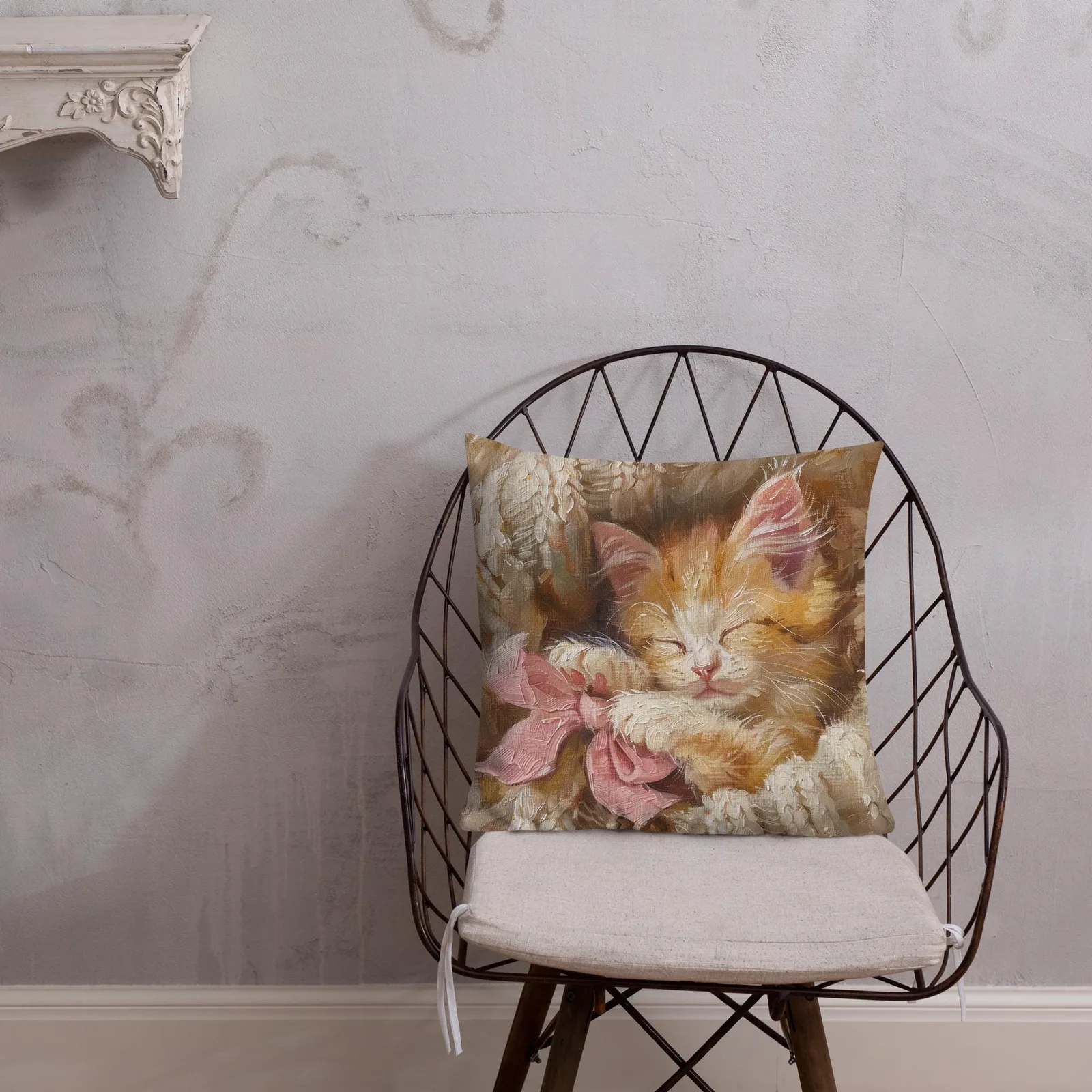 Cozy Kitten Throw Pillow: Linen-Feel Cat Cushion with Pink Bow, photo 7